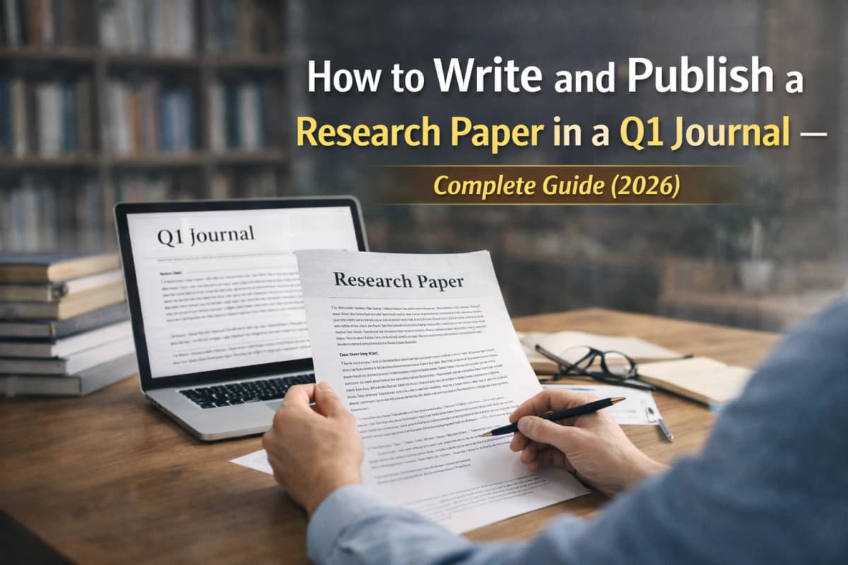 Research paper publication workflow diagram showing steps from idea to Q1 journal acceptance